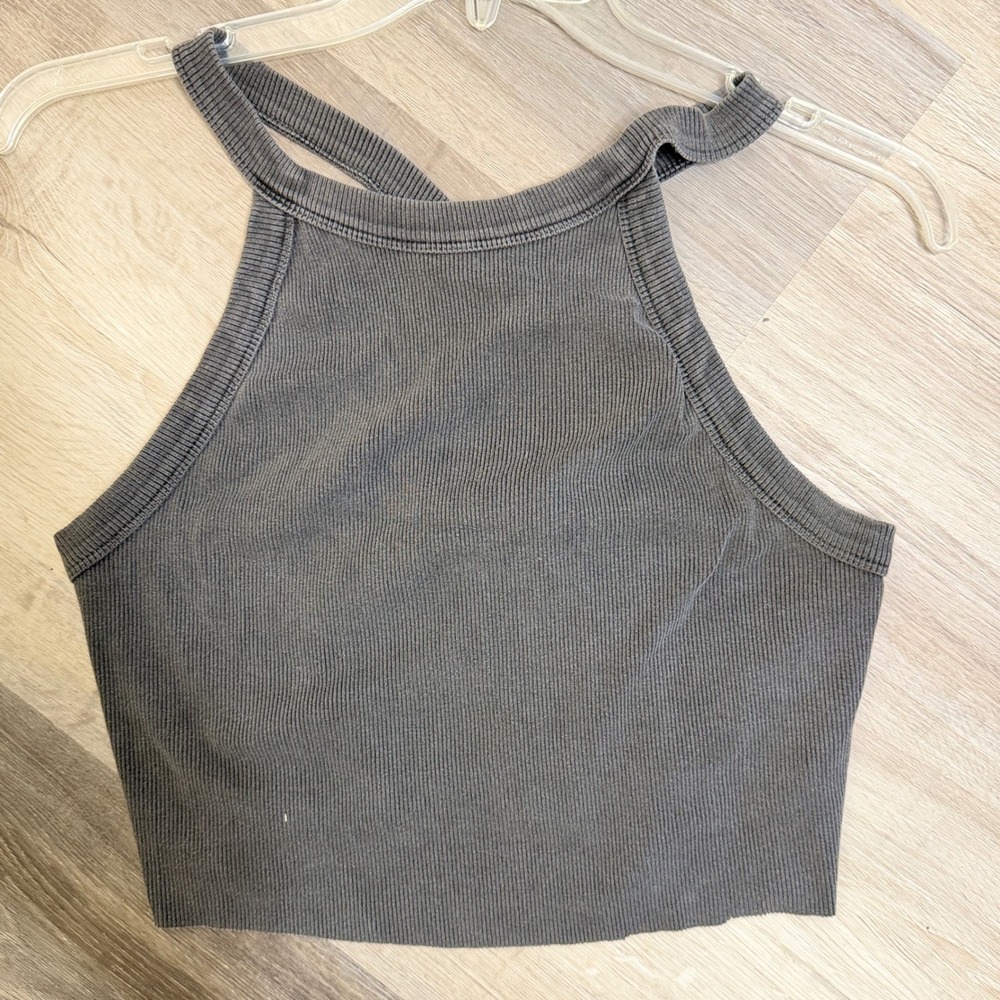 Monroe Ribbed Tank Top Women Large Gray Cross Back Halter Cropped Minimalist